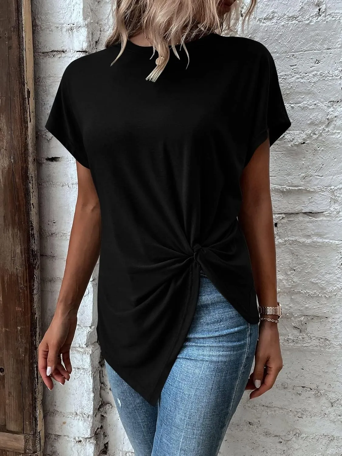 Remidoo Women's Asymmetrical Hem Round Neck Short Sleeve Twist Knot T Shirt Top