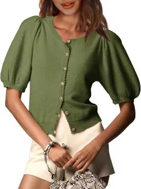 Saodimallsu Womens Puff Short Sleeve Cardigan Lightweight Summer Button Down Shirts Knit Crew Neck Sweater Tops
