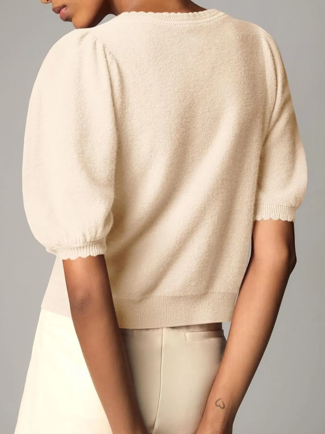 Saodimallsu Womens Puff Short Sleeve Cardigan Lightweight Summer Button Down Shirts Knit Crew Neck Sweater Tops