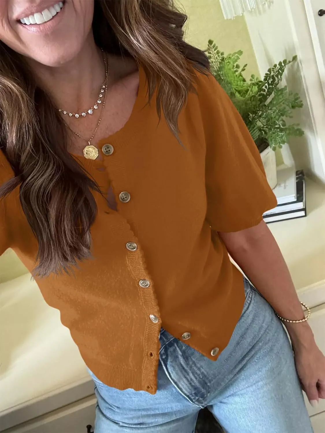 Saodimallsu Womens Puff Short Sleeve Cardigan Lightweight Summer Button Down Shirts Knit Crew Neck Sweater Tops