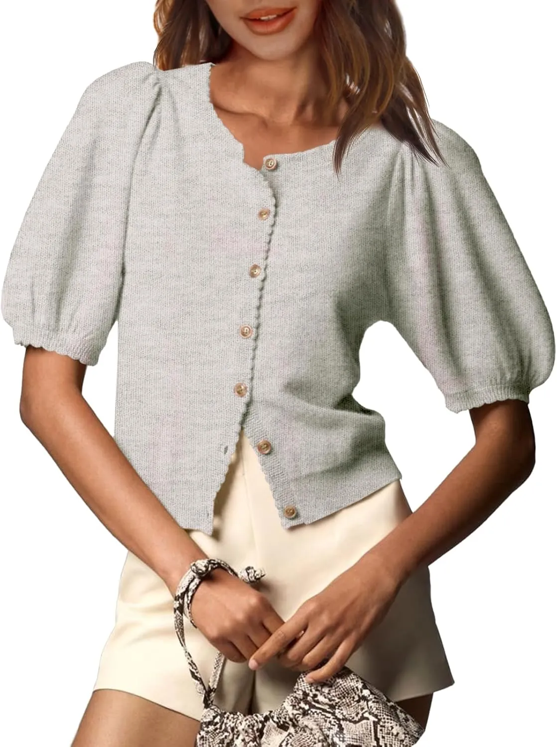 Saodimallsu Womens Puff Short Sleeve Cardigan Lightweight Summer Button Down Shirts Knit Crew Neck Sweater Tops