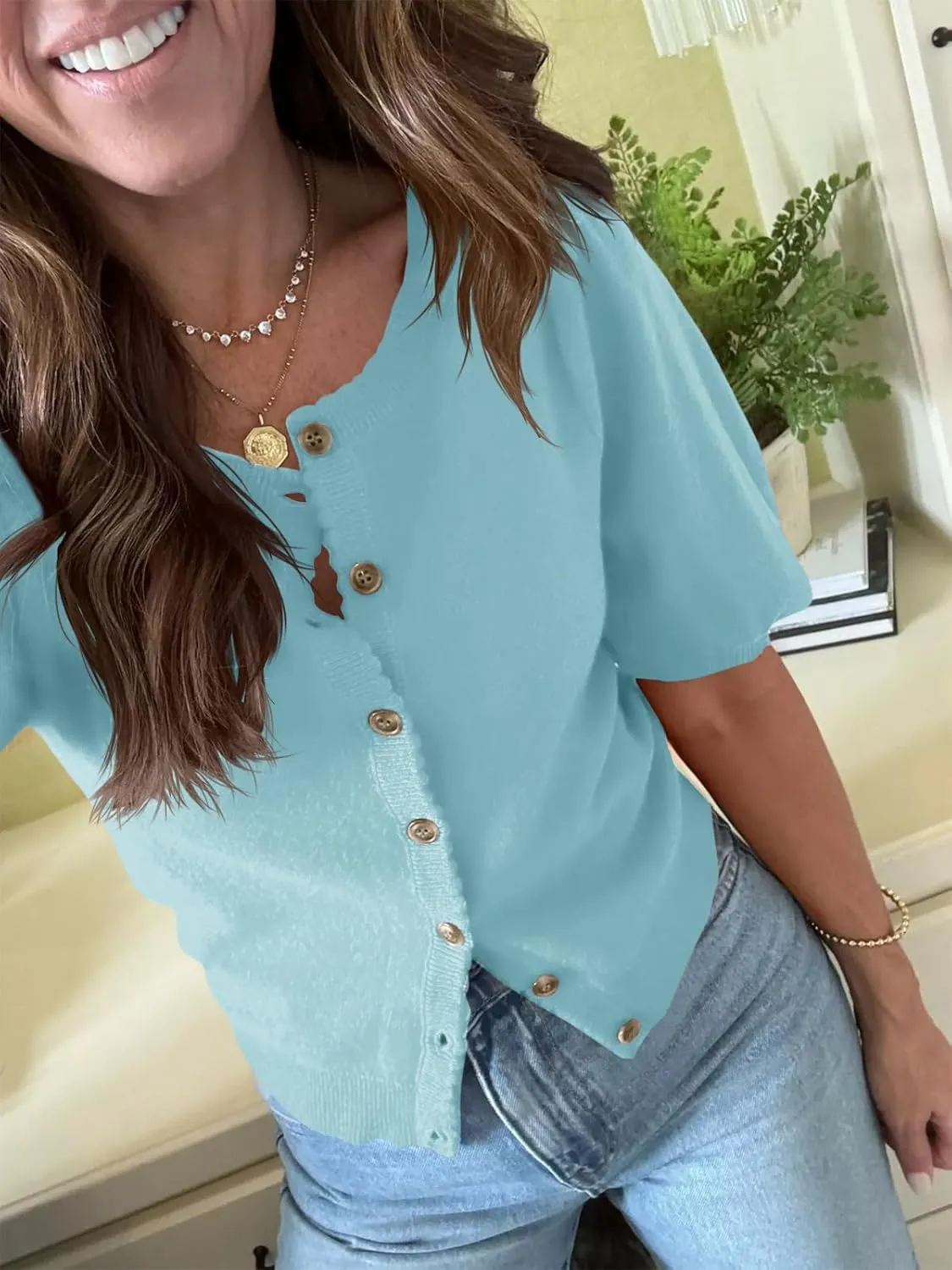 Saodimallsu Womens Puff Short Sleeve Cardigan Lightweight Summer Button Down Shirts Knit Crew Neck Sweater Tops