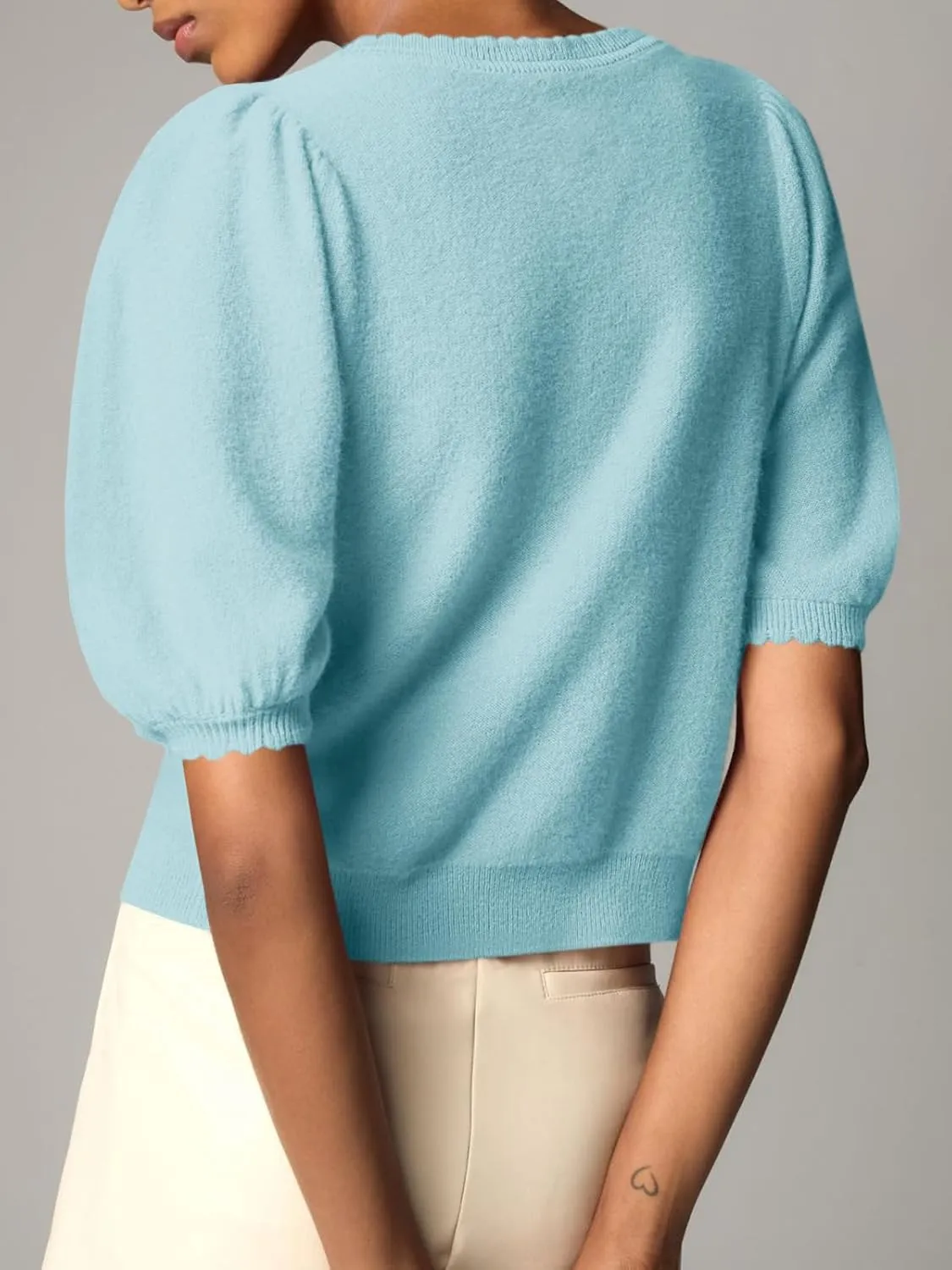 Saodimallsu Womens Puff Short Sleeve Cardigan Lightweight Summer Button Down Shirts Knit Crew Neck Sweater Tops