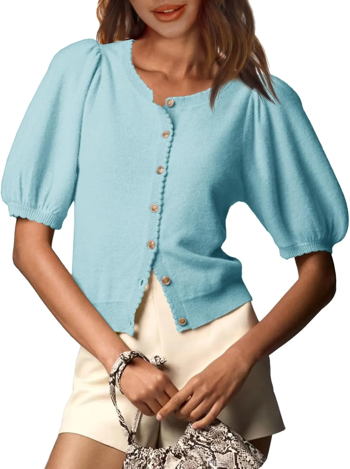 Saodimallsu Womens Puff Short Sleeve Cardigan Lightweight Summer Button Down Shirts Knit Crew Neck Sweater Tops