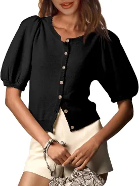 Saodimallsu Womens Puff Short Sleeve Cardigan Lightweight Summer Button Down Shirts Knit Crew Neck Sweater Tops
