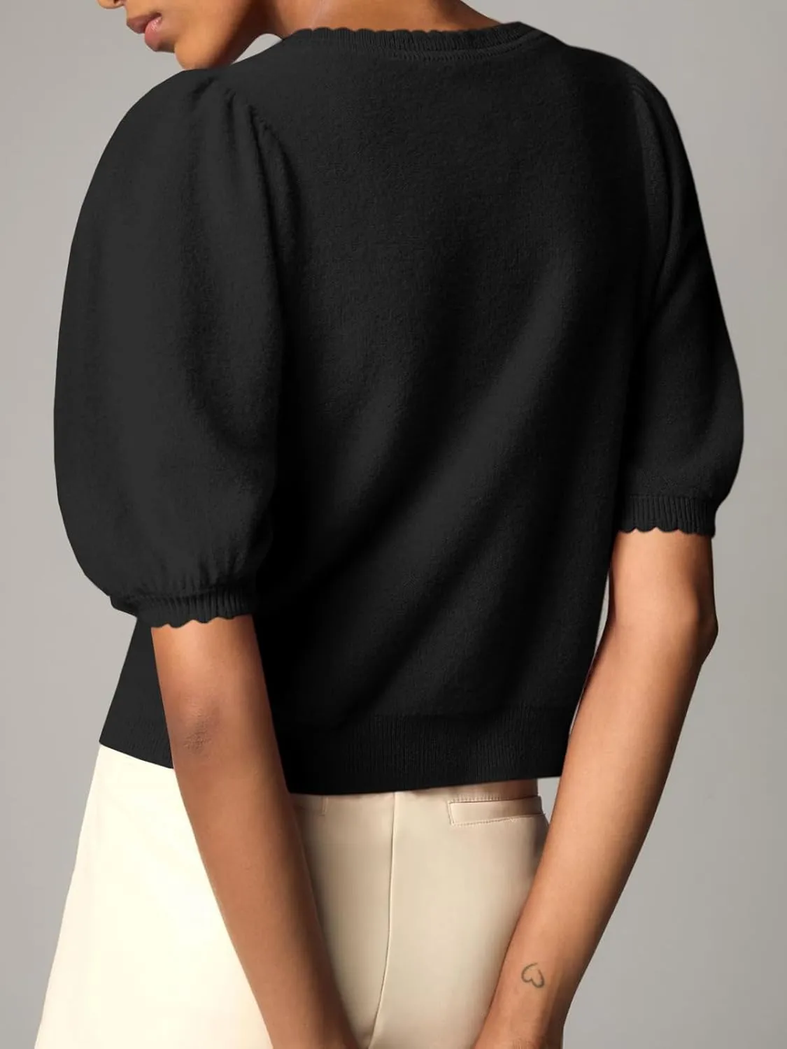 Saodimallsu Womens Puff Short Sleeve Cardigan Lightweight Summer Button Down Shirts Knit Crew Neck Sweater Tops