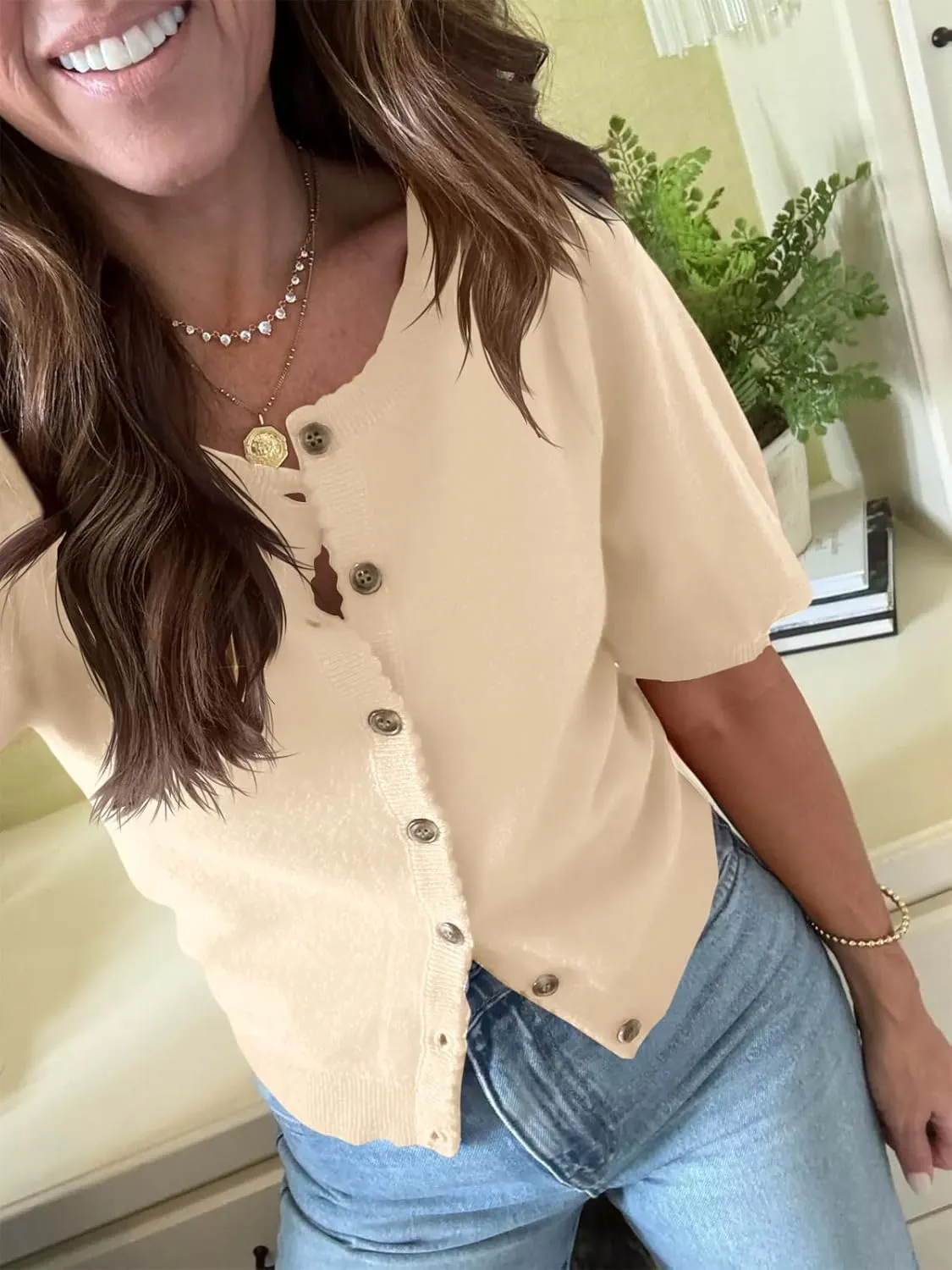 Saodimallsu Womens Puff Short Sleeve Cardigan Lightweight Summer Button Down Shirts Knit Crew Neck Sweater Tops