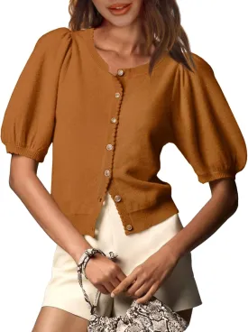 Saodimallsu Womens Puff Short Sleeve Cardigan Lightweight Summer Button Down Shirts Knit Crew Neck Sweater Tops