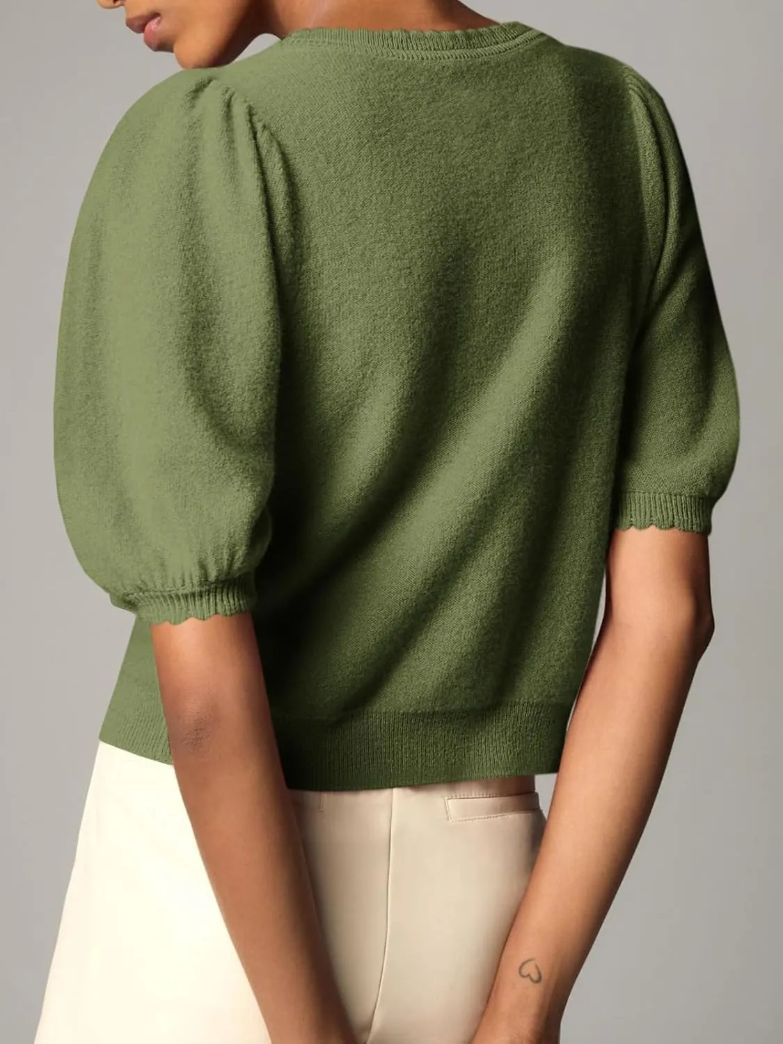 Saodimallsu Womens Puff Short Sleeve Cardigan Lightweight Summer Button Down Shirts Knit Crew Neck Sweater Tops