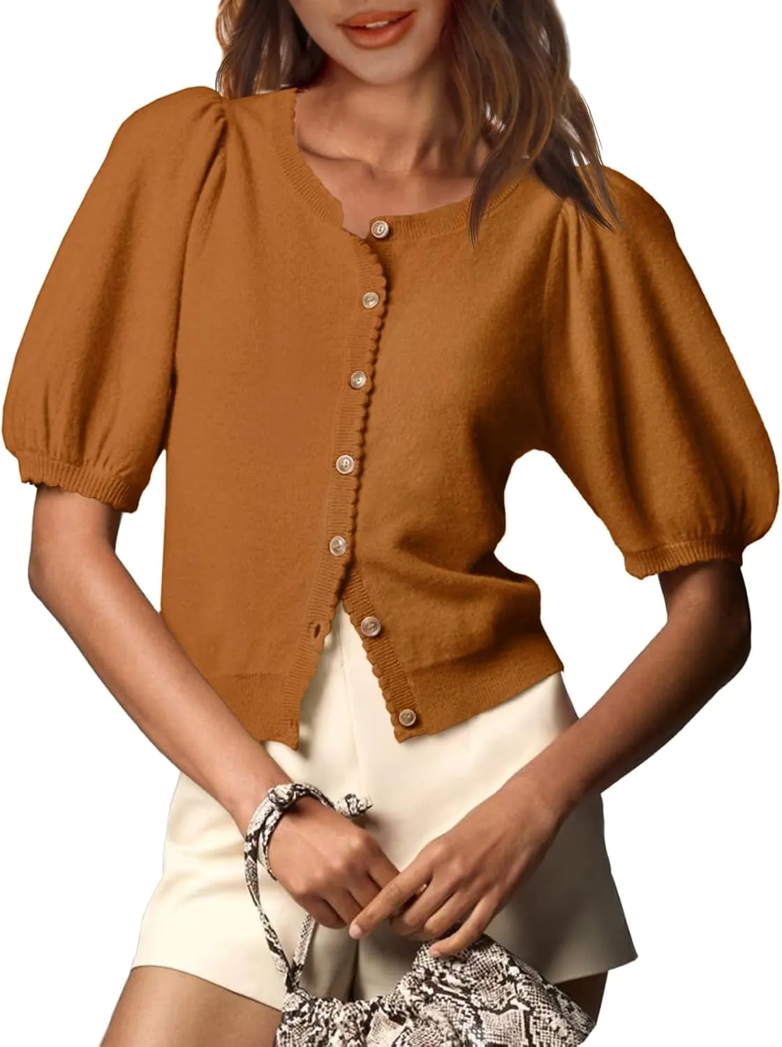 Saodimallsu Womens Puff Short Sleeve Cardigan Lightweight Summer Button Down Shirts Knit Crew Neck Sweater Tops