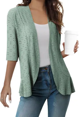 Sidefeel Lightweight Summer Cardigan for Women Spring Netted Knit Ruffle Half Sleeve Kimono Cover Ups
