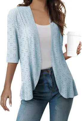 Sidefeel Lightweight Summer Cardigan for Women Spring Netted Knit Ruffle Half Sleeve Kimono Cover Ups