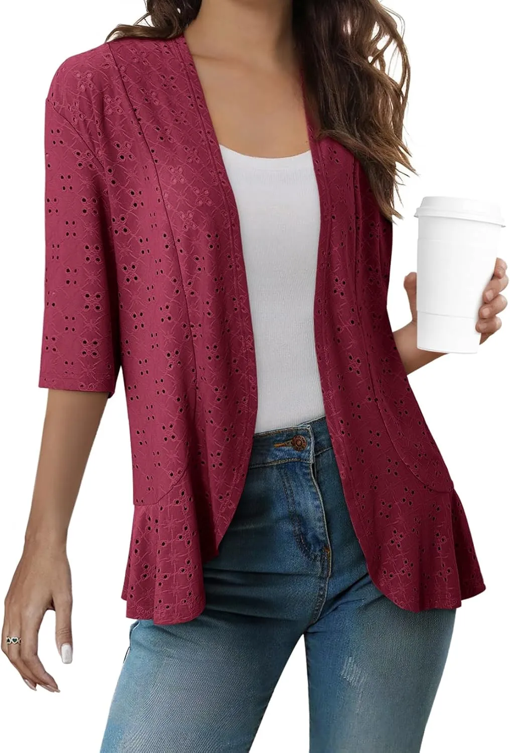 Sidefeel Lightweight Summer Cardigan for Women Spring Netted Knit Ruffle Half Sleeve Kimono Cover Ups