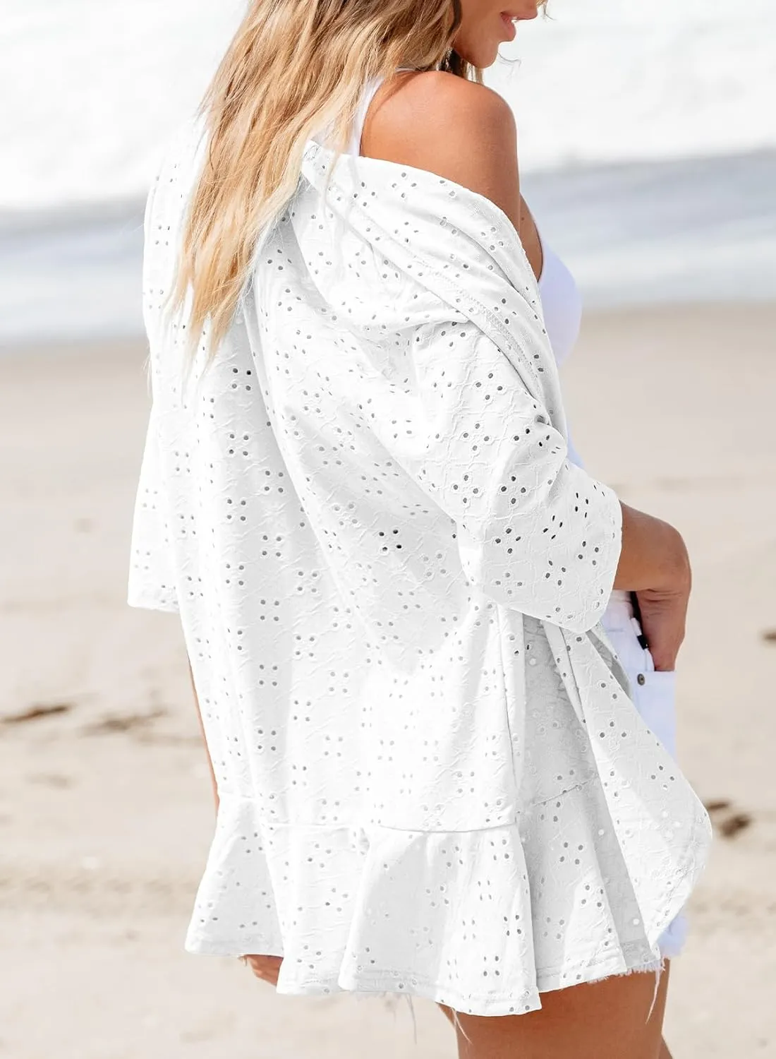Sidefeel Lightweight Summer Cardigan for Women Spring Netted Knit Ruffle Half Sleeve Kimono Cover Ups