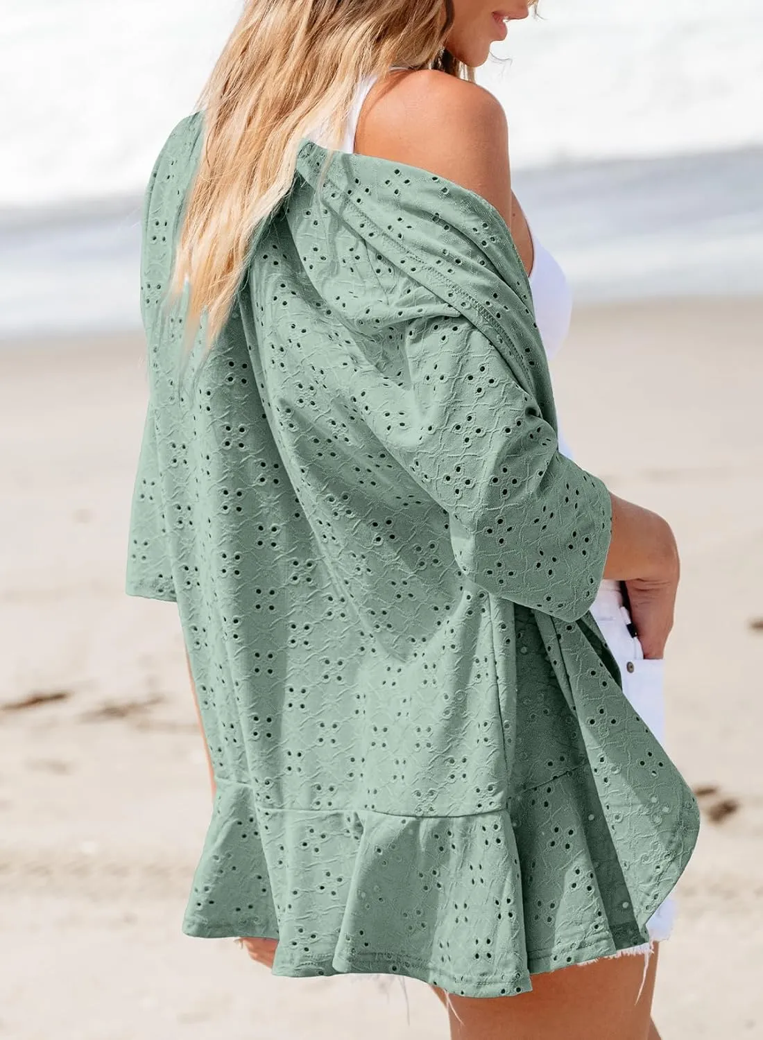 Sidefeel Lightweight Summer Cardigan for Women Spring Netted Knit Ruffle Half Sleeve Kimono Cover Ups