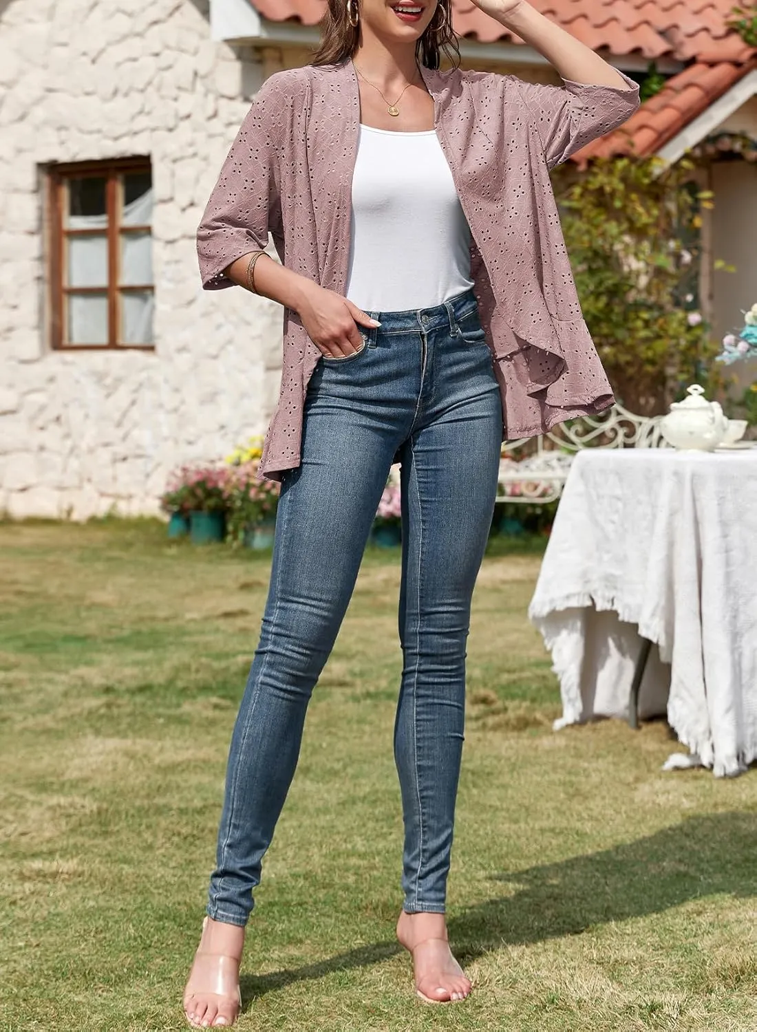 Sidefeel Lightweight Summer Cardigan for Women Spring Netted Knit Ruffle Half Sleeve Kimono Cover Ups
