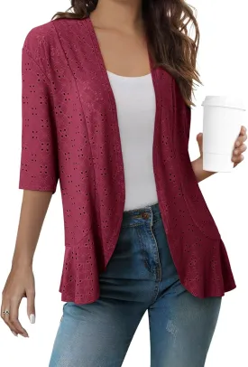 Sidefeel Lightweight Summer Cardigan for Women Spring Netted Knit Ruffle Half Sleeve Kimono Cover Ups