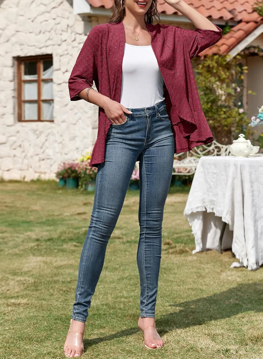 Sidefeel Lightweight Summer Cardigan for Women Spring Netted Knit Ruffle Half Sleeve Kimono Cover Ups