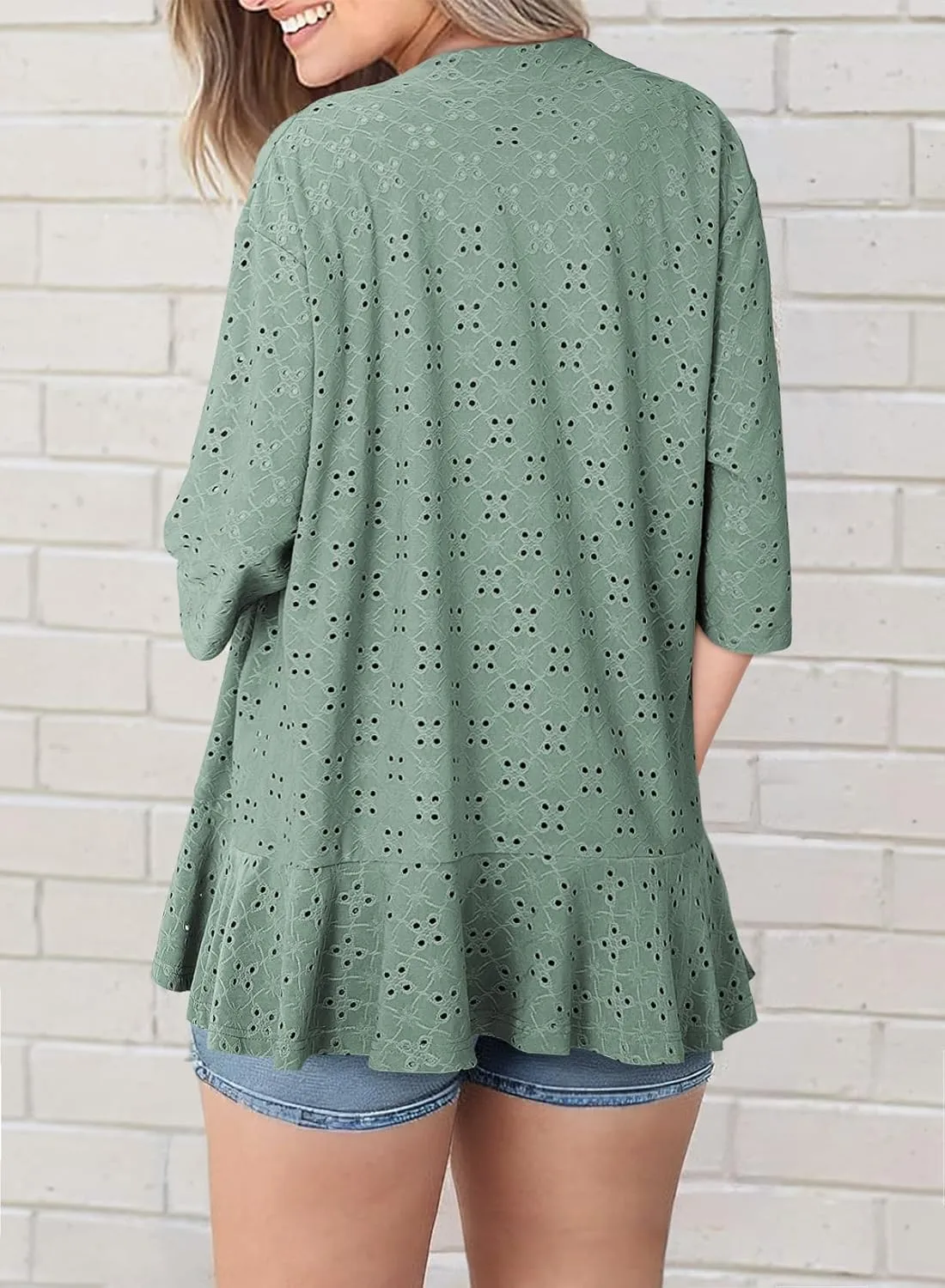 Sidefeel Lightweight Summer Cardigan for Women Spring Netted Knit Ruffle Half Sleeve Kimono Cover Ups