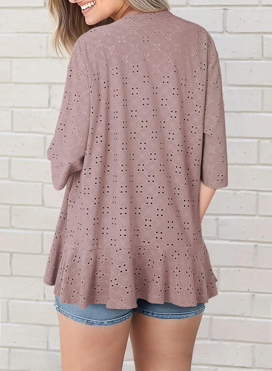 Sidefeel Lightweight Summer Cardigan for Women Spring Netted Knit Ruffle Half Sleeve Kimono Cover Ups