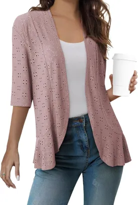 Sidefeel Lightweight Summer Cardigan for Women Spring Netted Knit Ruffle Half Sleeve Kimono Cover Ups