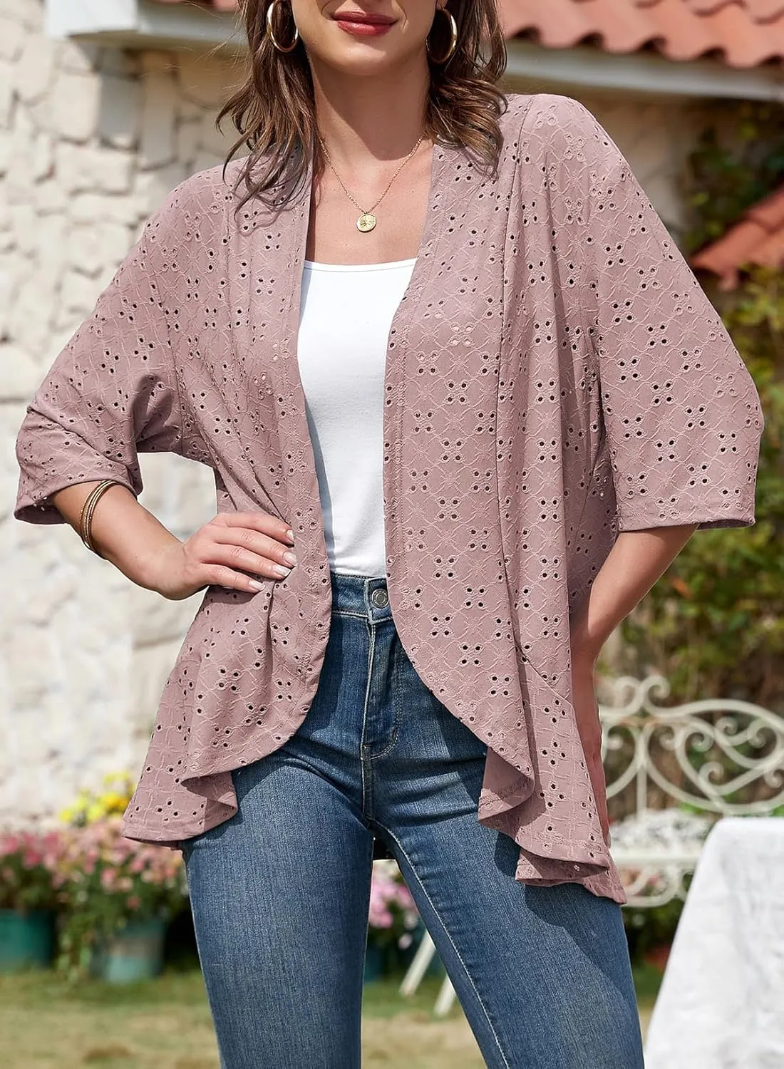Sidefeel Lightweight Summer Cardigan for Women Spring Netted Knit Ruffle Half Sleeve Kimono Cover Ups