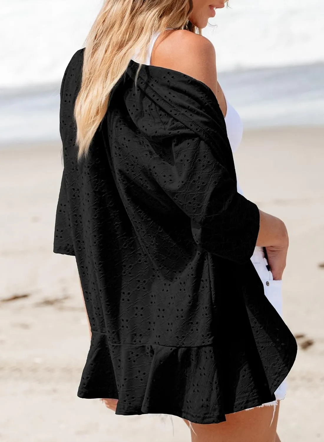 Sidefeel Lightweight Summer Cardigan for Women Spring Netted Knit Ruffle Half Sleeve Kimono Cover Ups