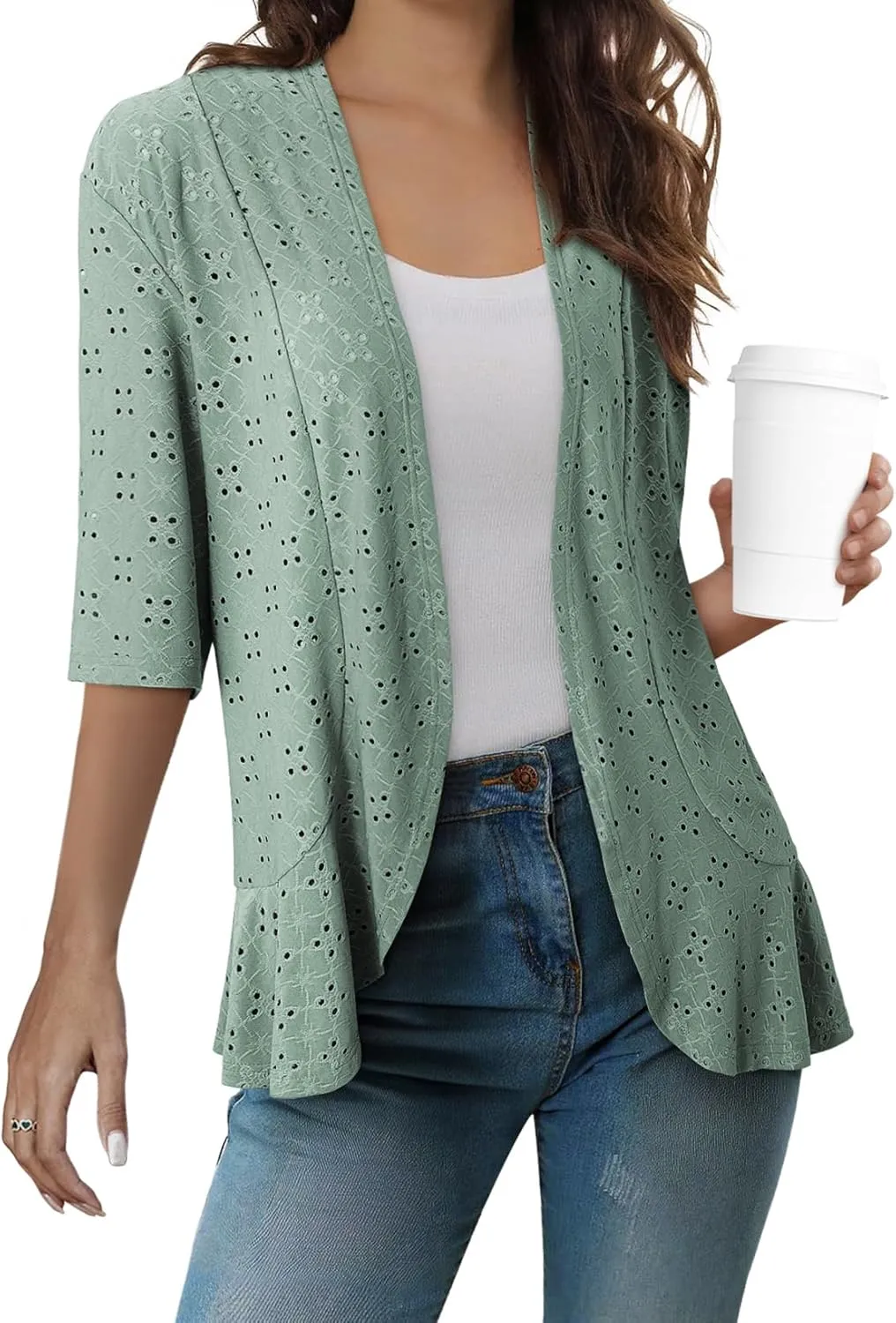 Sidefeel Lightweight Summer Cardigan for Women Spring Netted Knit Ruffle Half Sleeve Kimono Cover Ups