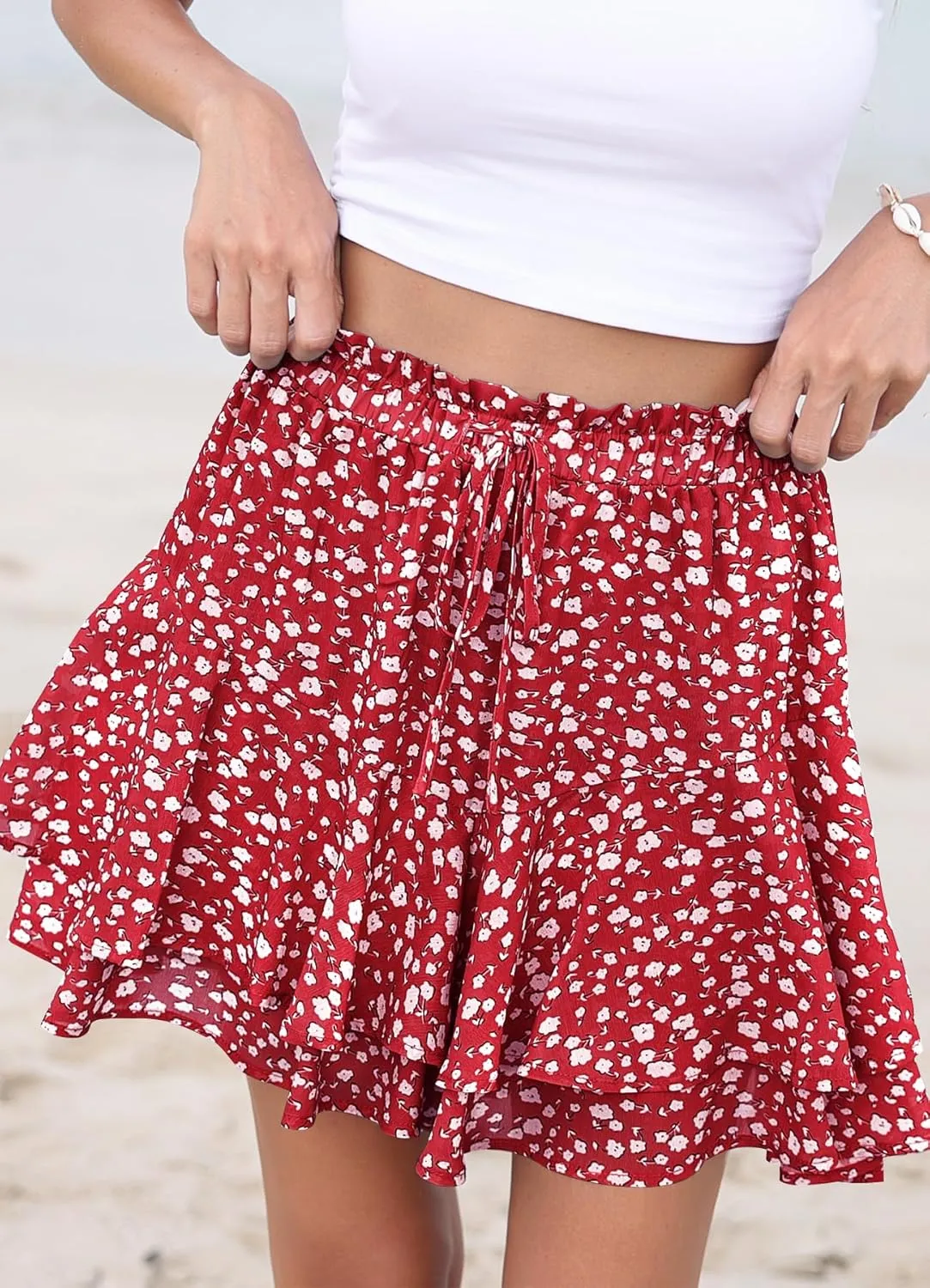 SimpleFun Womens Skorts Floral Ruffled Chiffon Flowy Shorts Summer Flared Mini Skirts