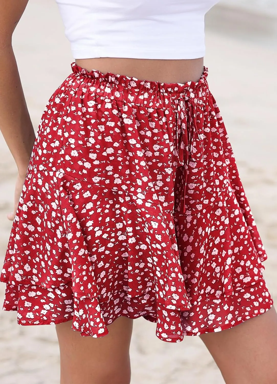 SimpleFun Womens Skorts Floral Ruffled Chiffon Flowy Shorts Summer Flared Mini Skirts