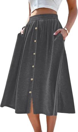 SOFIA'S CHOICE Button Front Skirts for Women Flared Flowy A Line Midi Skirt with Pockets