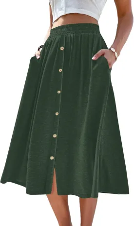 SOFIA'S CHOICE Button Front Skirts for Women Flared Flowy A Line Midi Skirt with Pockets