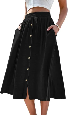 SOFIA'S CHOICE Button Front Skirts for Women Flared Flowy A Line Midi Skirt with Pockets