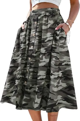 SOFIA'S CHOICE Button Front Skirts for Women Flared Flowy A Line Midi Skirt with Pockets