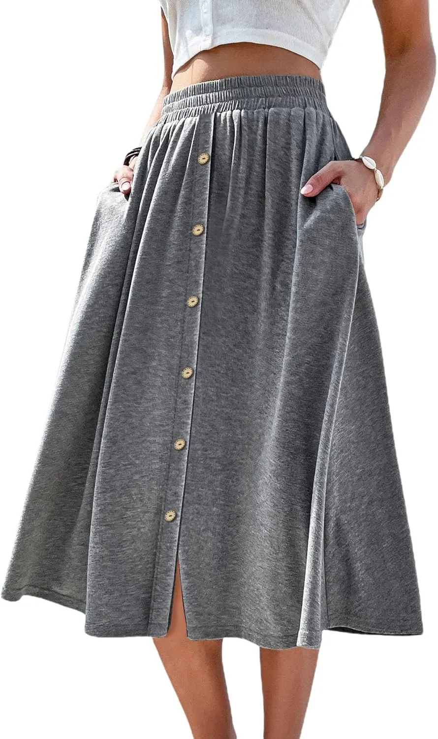 SOFIA'S CHOICE Button Front Skirts for Women Flared Flowy A Line Midi Skirt with Pockets