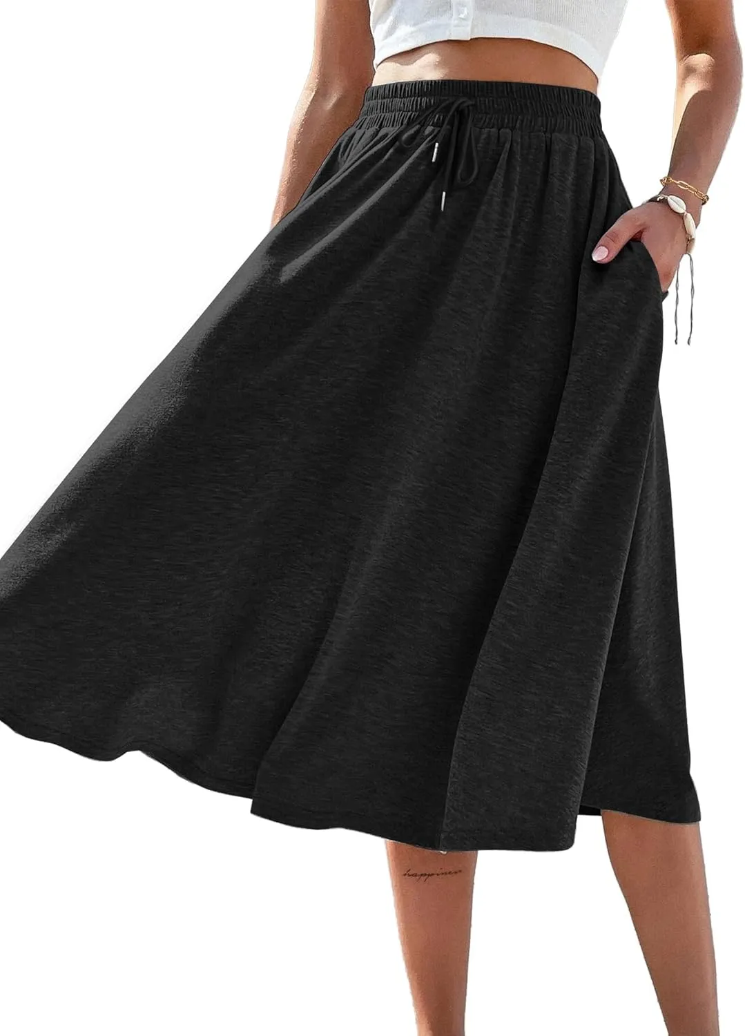 SOFIA'S CHOICE Women's A Line Pleated Drawstring Skirts Flared Midi Skirt with Pockets