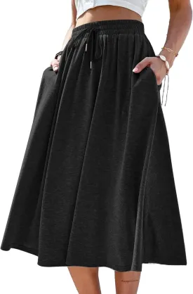 SOFIA'S CHOICE Women's A Line Pleated Drawstring Skirts Flared Midi Skirt with Pockets