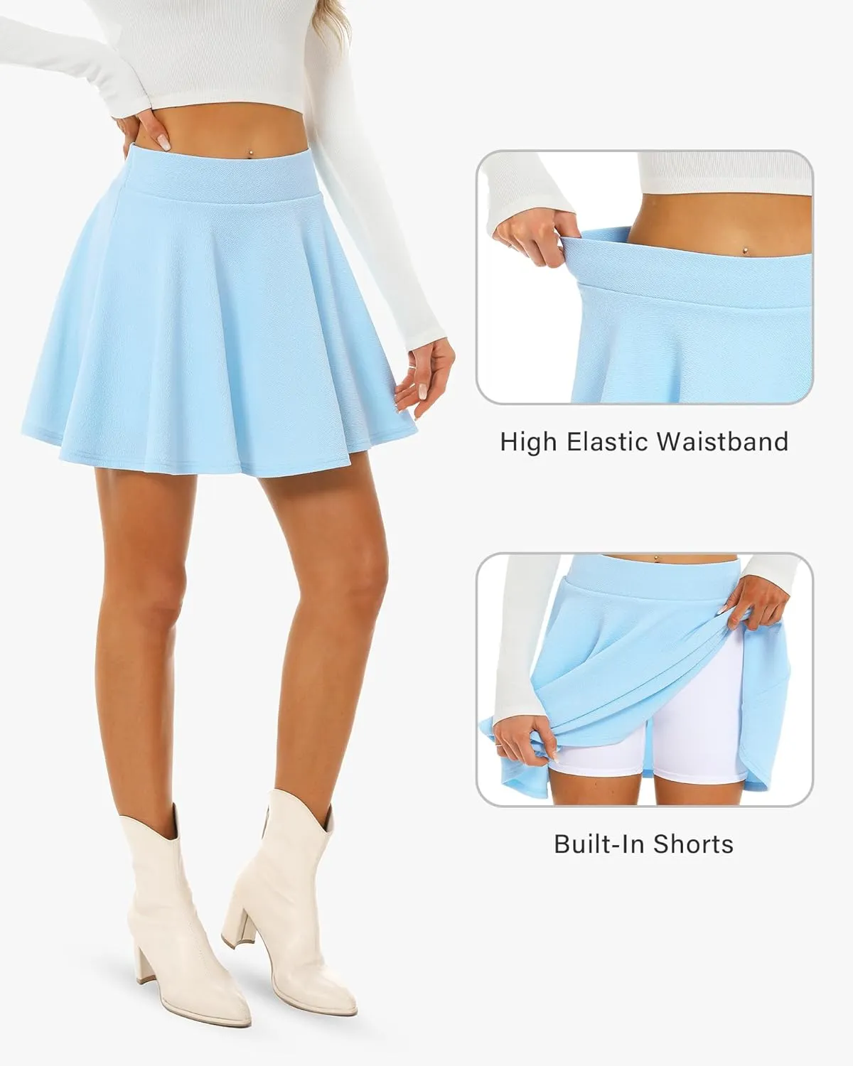 Stelle Women's Casual Skirt with Shorts Basic Versatile Stretchy Flared Pleated Skater Mini Skirts