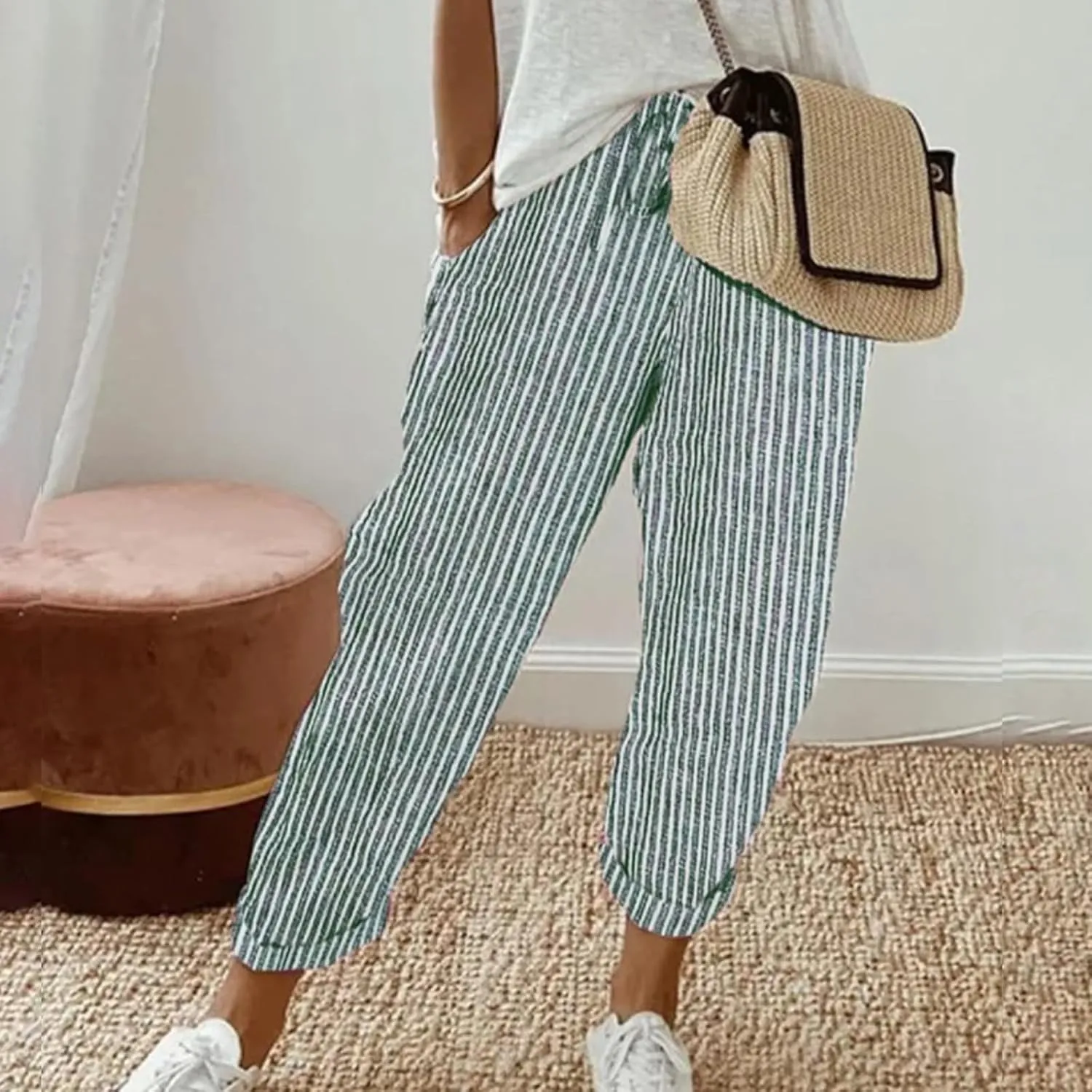 Summer Pants for Women, Drawstring Baggy Beach Trousers High Waisted Vacation Wide Leg Business Slacks Outfits