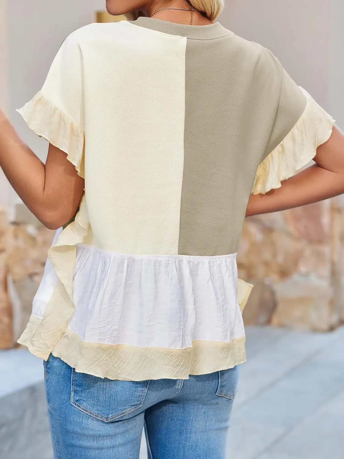 Tankaneo Womens Ruffle Batwing Sleeve Tops Summer Casual Color Block T-Shirts Loose Fit Peplum Babydoll Blouse