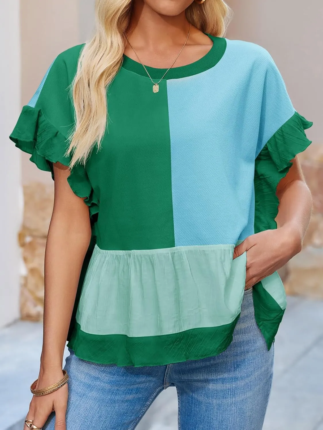 Tankaneo Womens Ruffle Batwing Sleeve Tops Summer Casual Color Block T-Shirts Loose Fit Peplum Babydoll Blouse