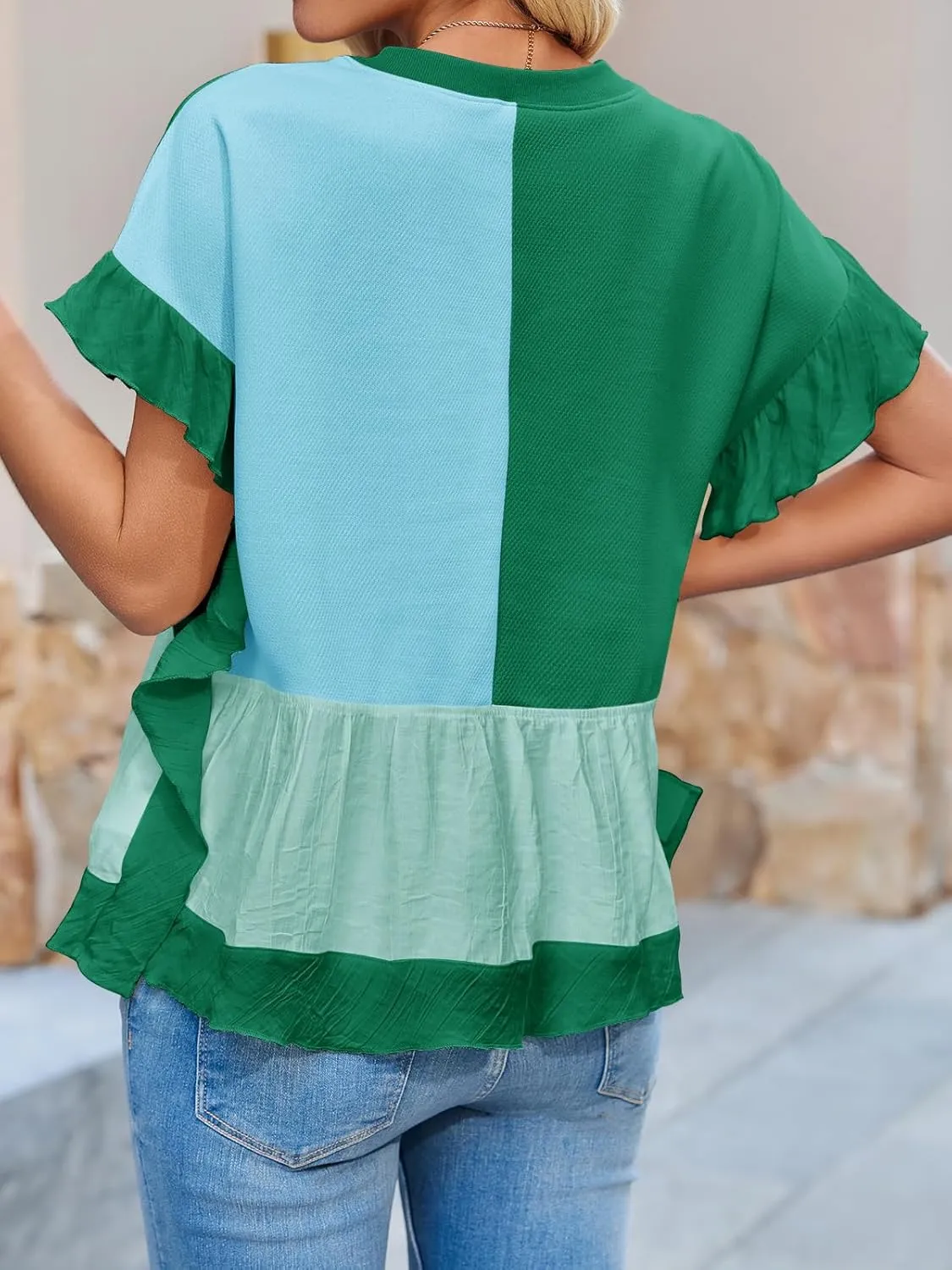 Tankaneo Womens Ruffle Batwing Sleeve Tops Summer Casual Color Block T-Shirts Loose Fit Peplum Babydoll Blouse