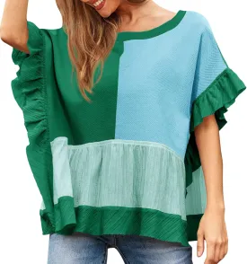 Tankaneo Womens Ruffle Batwing Sleeve Tops Summer Casual Color Block T-Shirts Loose Fit Peplum Babydoll Blouse