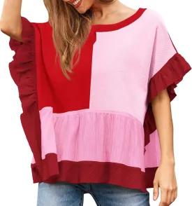 Tankaneo Womens Ruffle Batwing Sleeve Tops Summer Casual Color Block T-Shirts Loose Fit Peplum Babydoll Blouse