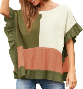 Tankaneo Womens Ruffle Batwing Sleeve Tops Summer Casual Color Block T-Shirts Loose Fit Peplum Babydoll Blouse