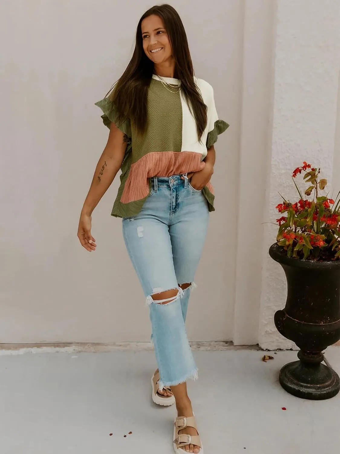 Tankaneo Womens Ruffle Batwing Sleeve Tops Summer Casual Color Block T-Shirts Loose Fit Peplum Babydoll Blouse