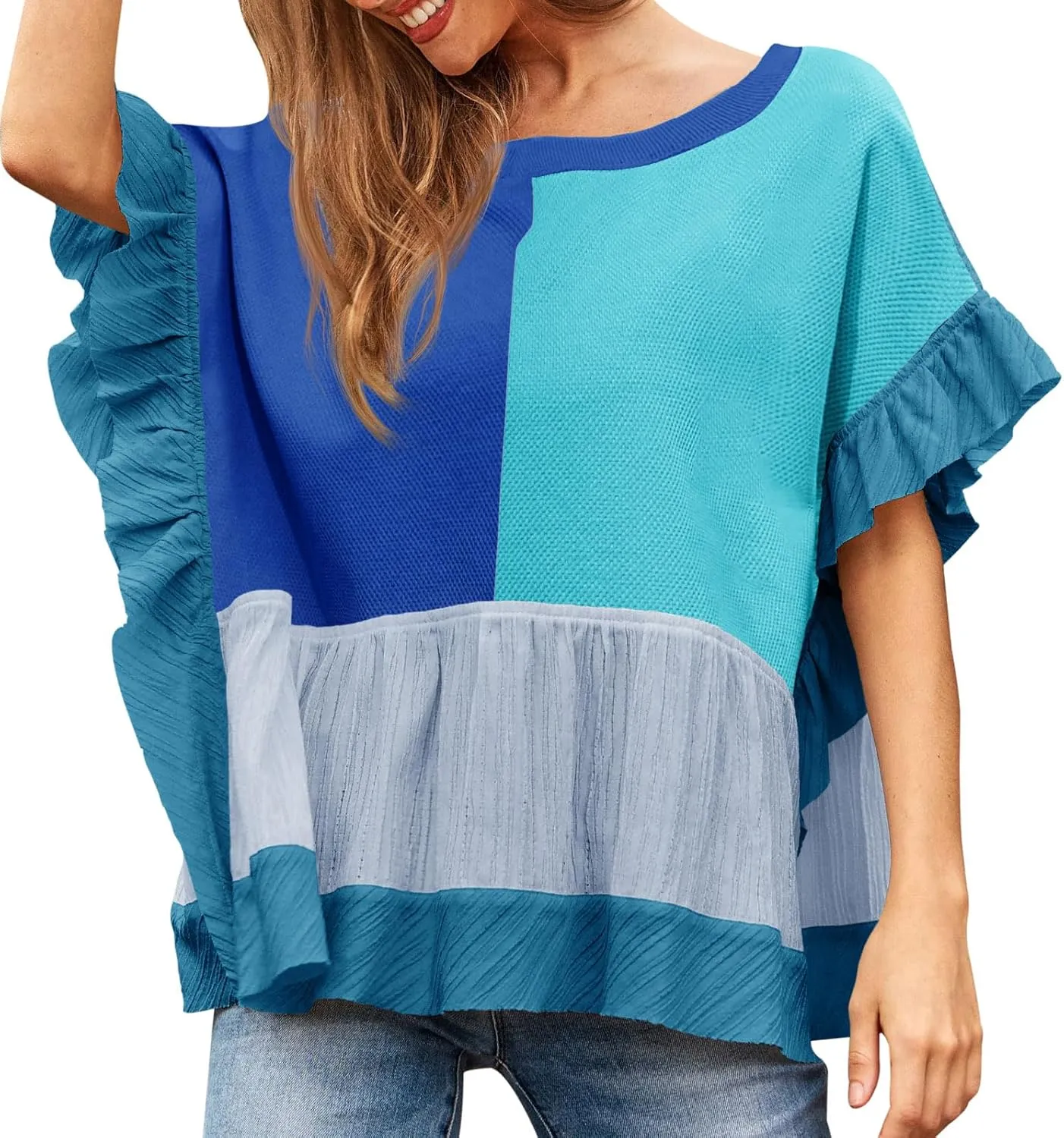 Tankaneo Womens Ruffle Batwing Sleeve Tops Summer Casual Color Block T-Shirts Loose Fit Peplum Babydoll Blouse