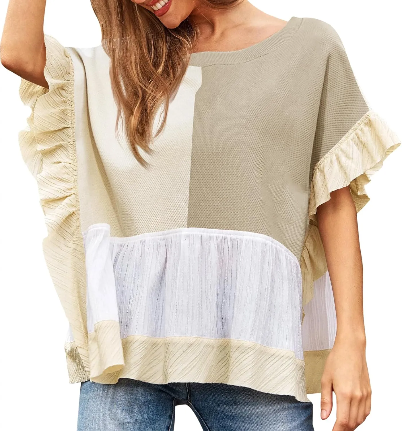 Tankaneo Womens Ruffle Batwing Sleeve Tops Summer Casual Color Block T-Shirts Loose Fit Peplum Babydoll Blouse