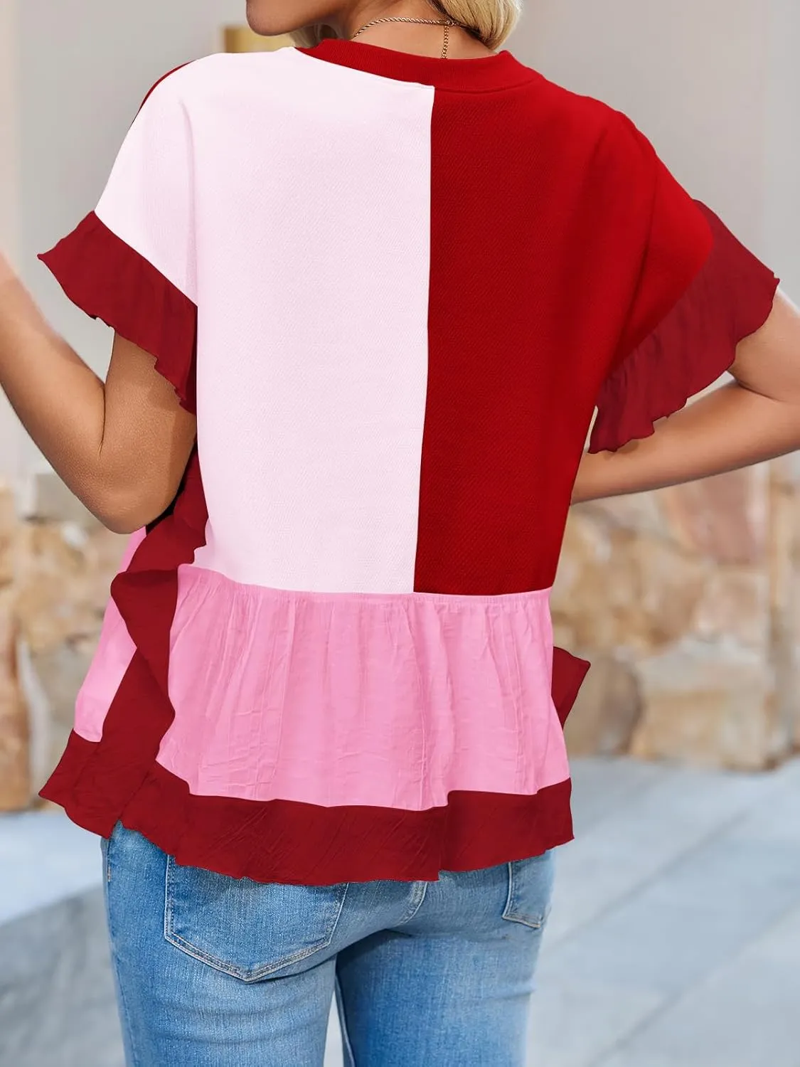 Tankaneo Womens Ruffle Batwing Sleeve Tops Summer Casual Color Block T-Shirts Loose Fit Peplum Babydoll Blouse