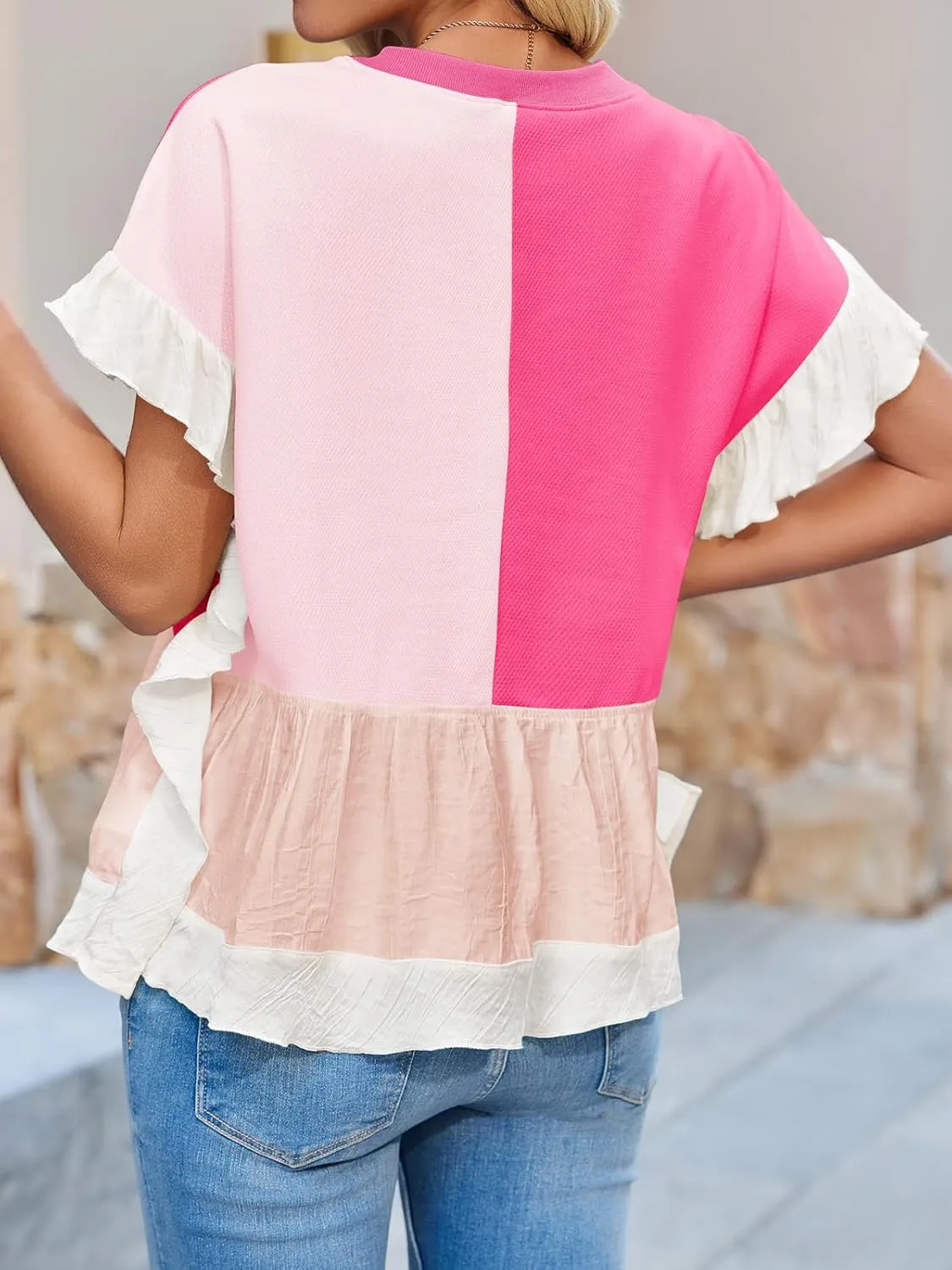 Tankaneo Womens Ruffle Batwing Sleeve Tops Summer Casual Color Block T-Shirts Loose Fit Peplum Babydoll Blouse